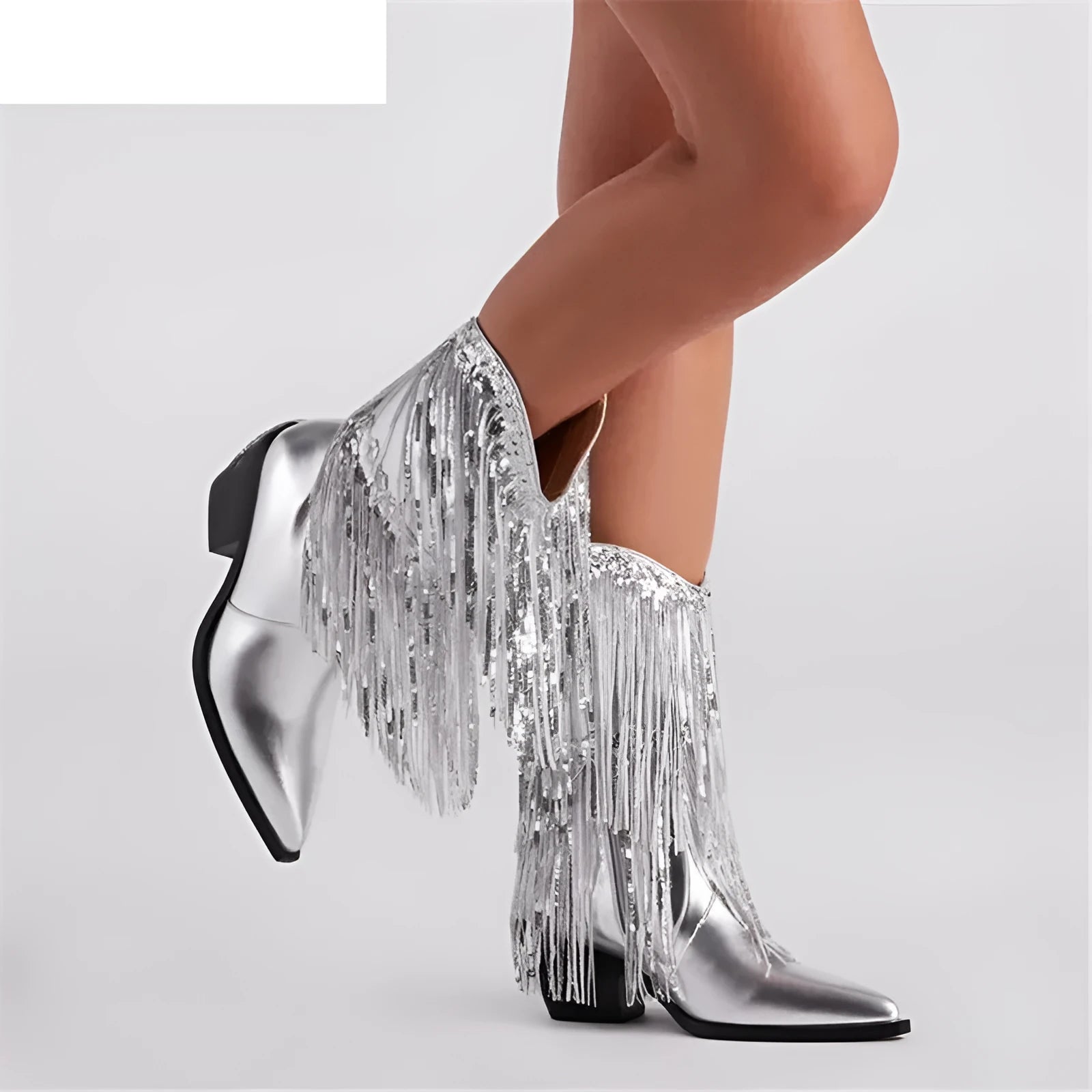Women's black chunky heel ankle boots with tassel detailing and a high stiletto heel.