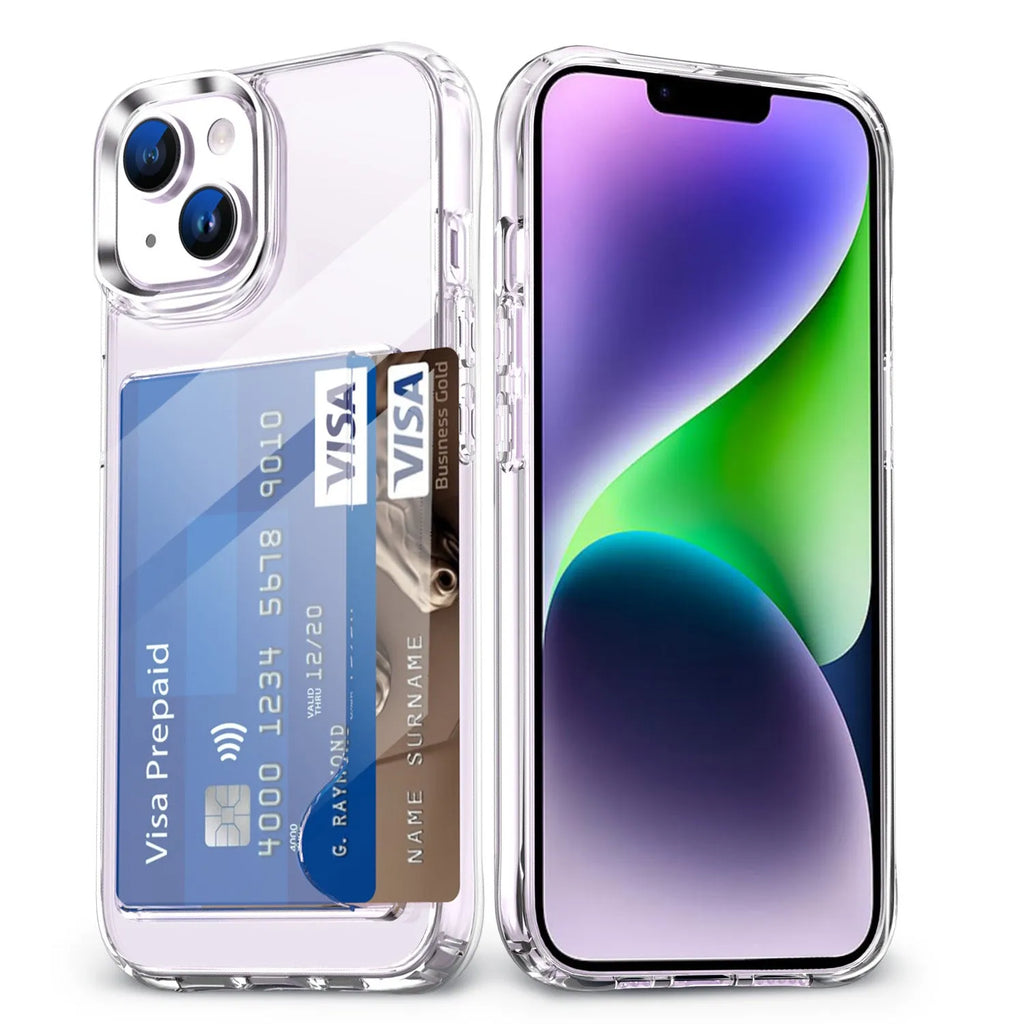Transparent acrylic two-in-one card holder phone case for iPhone 15, 14, 13, 12 series with card slot visible on back