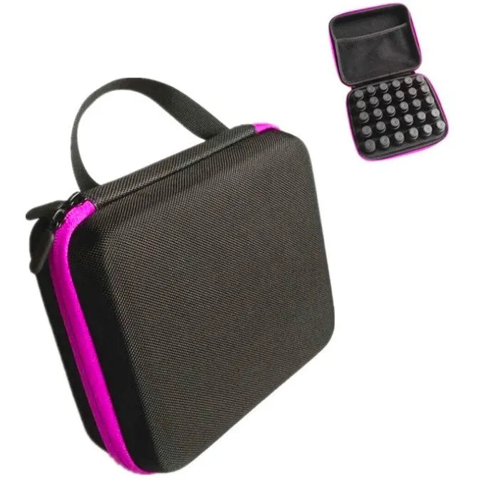 Red cube-shaped essential oil storage bag with 30 compartments for 15ml bottles, shown with zip open.