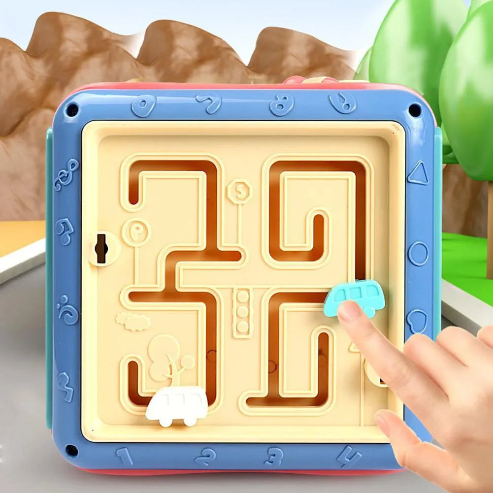 Montessori hexahedron educational toy cube with six different games including bead maze and clock face