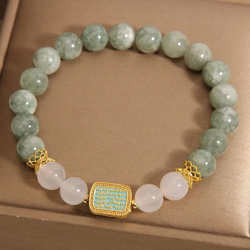 Oil green emerald crystal bracelet with five engraved scripture beads for women
