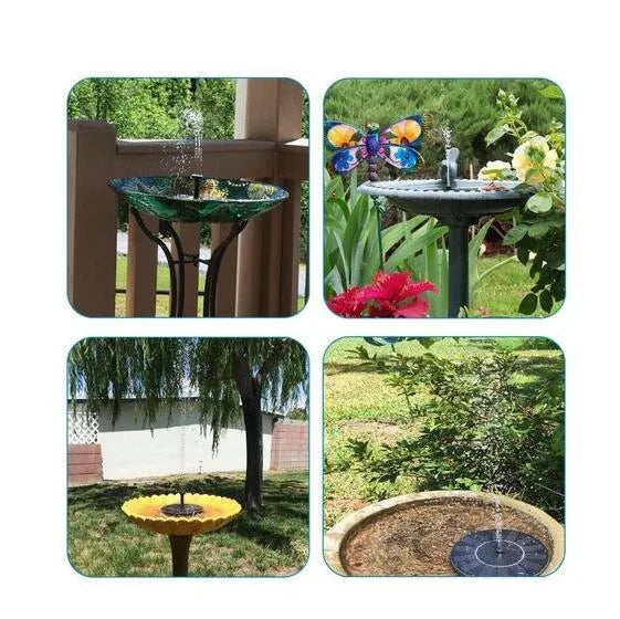 Black solar-powered fountain pump with solar panel and four spray nozzles for garden ponds.
