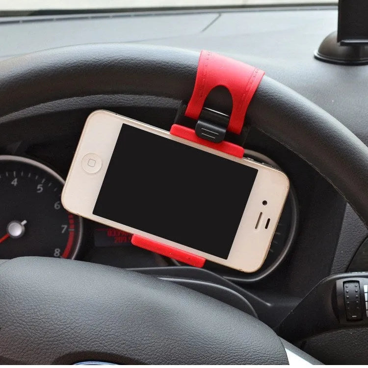 Black steering wheel phone holder with silicone pad for smartphone protection measuring 75x40x25mm