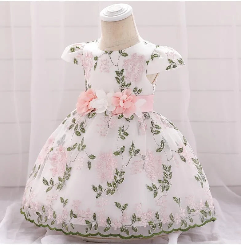 Baby girls fluffy summer dress in soybean powder colour, princess style with cotton blend fabric