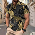 Men's gold short sleeve shirt with tropical plant pattern printing on polyester fabric