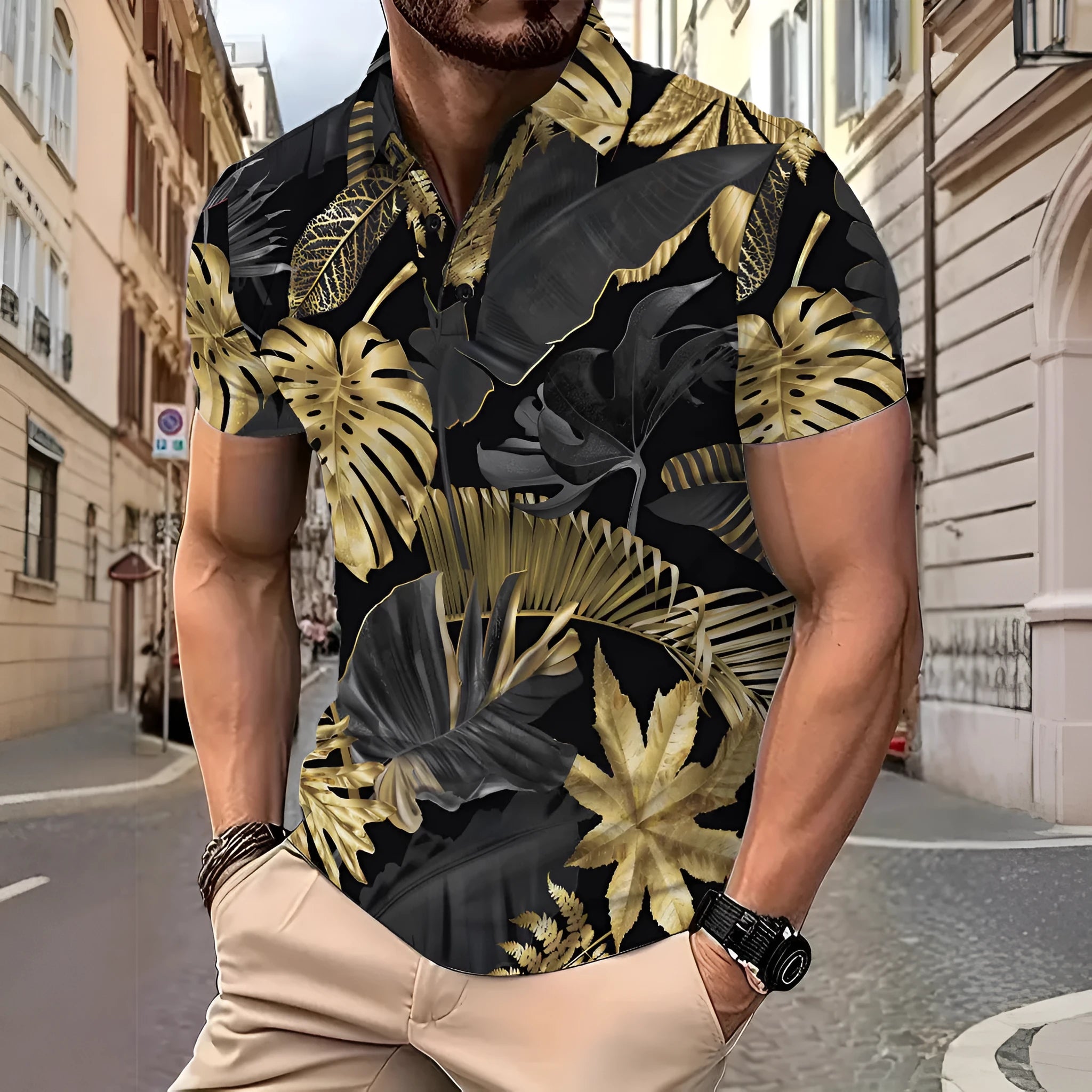 Men's gold short sleeve shirt with tropical plant pattern printing on polyester fabric