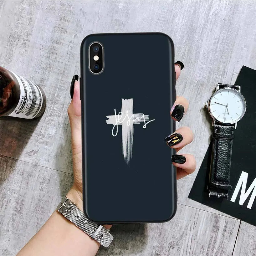 Black silicone Jesus Cross mobile phone case for Apple iPhone with textured grip
