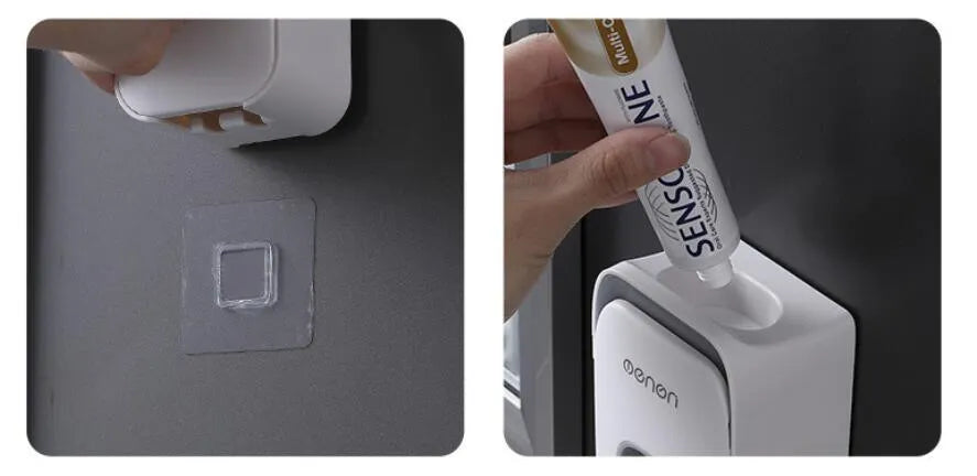 Blue automatic toothpaste dispenser mounted on bathroom wall with one-touch dispensing mechanism