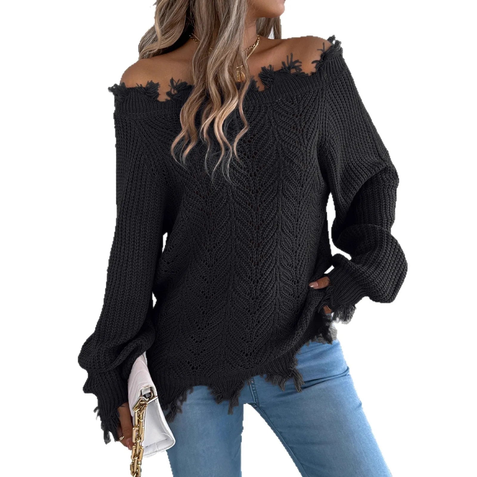White hollow-out design off-the-shoulder long sleeve acrylic pullover sweater on a hanger.