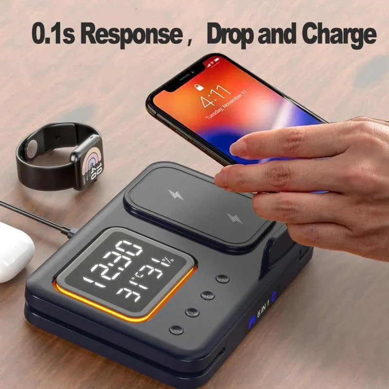 Black and white 5-in-1 wireless charging station with phone, watch and headphone docks, LED clock display