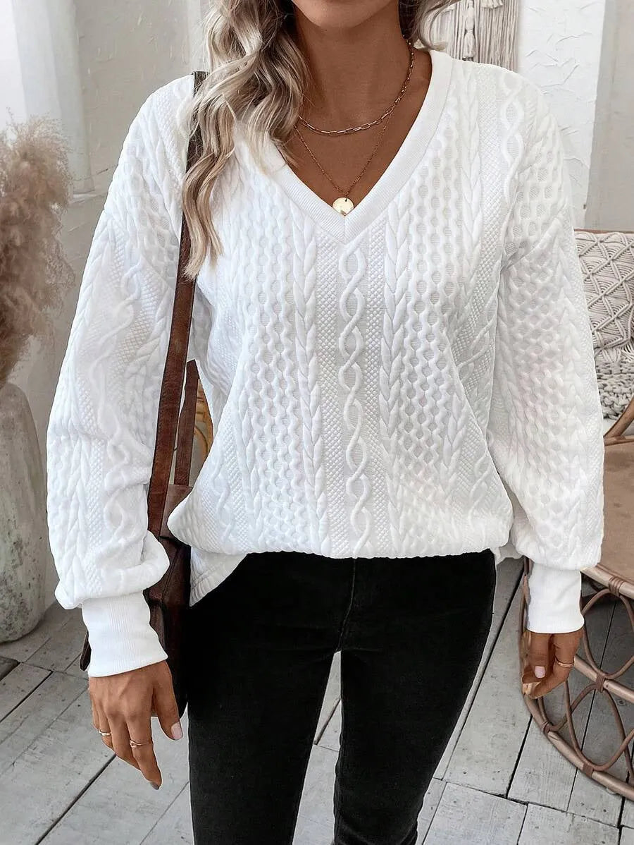 Milky white casual loose fit long sleeve t-shirt with 3D pattern design