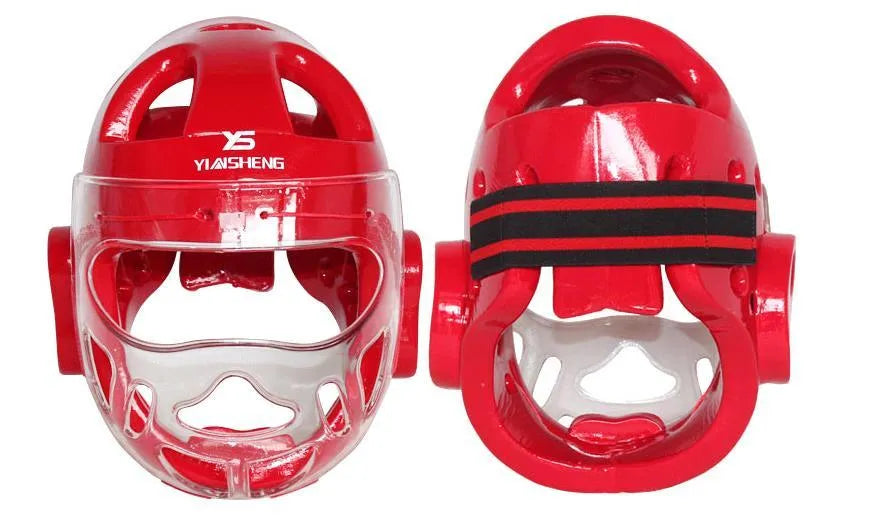 Karate helmet protective equipment in white, blue and red colours with multiple size options