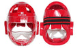 Karate helmet protective equipment in white, blue and red colours with multiple size options