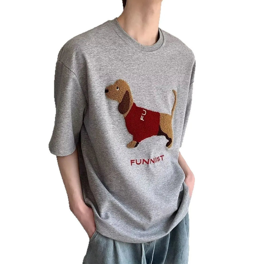 Men's grey cotton T-shirt with embroidered sausage dog holding towel design on front