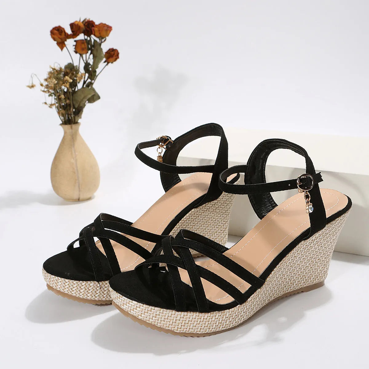 Women's beige wedge sandals with fish mouth open toe and cloth upper