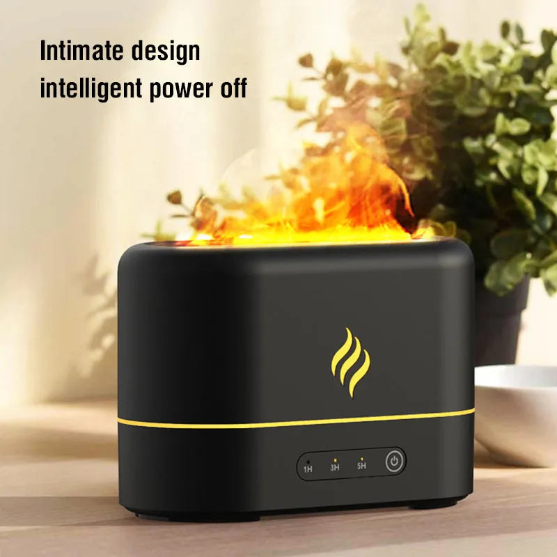 USB simulated flame humidifier with seven-colour lighting on desk next to plant