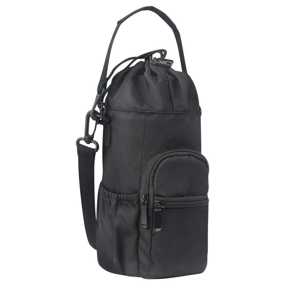 Cloth water bottle pouch with crossbody strap in black, green, and pink colour options