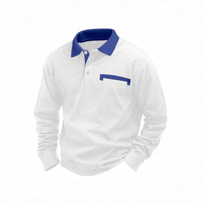Man wearing a long-sleeved waffle-texture polo shirt in a solid colour with an asymmetric design detail.