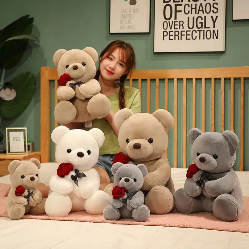 Rose teddy bear plush pillow stuffed animal doll in beige, brown or grey colours, shown in 23cm to 45cm sizes.