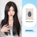 Forehead lace long straight full-head wig in dark brown with side bangs styling