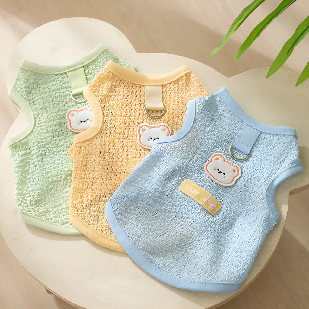 Hollowed-out cat clothing with bear patch in green, blue, or yellow colours