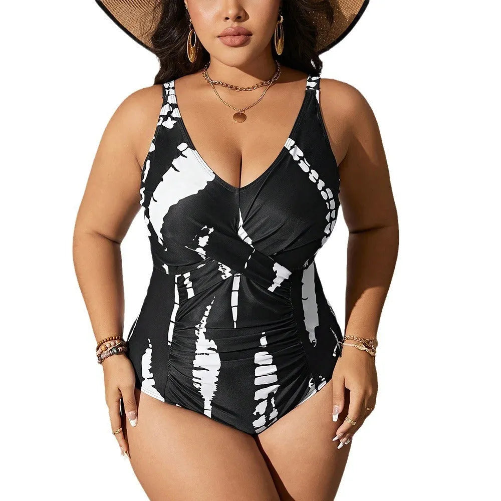Siamese colour matching fit one-piece swimsuit in black with high elasticity fabric, sizes 0XL to 5XL