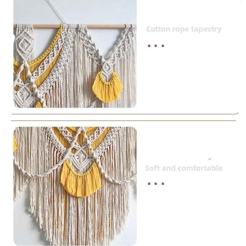 Hand-woven creamy white and yellow cotton Nordic tapestry rectangle 120cm by 95cm