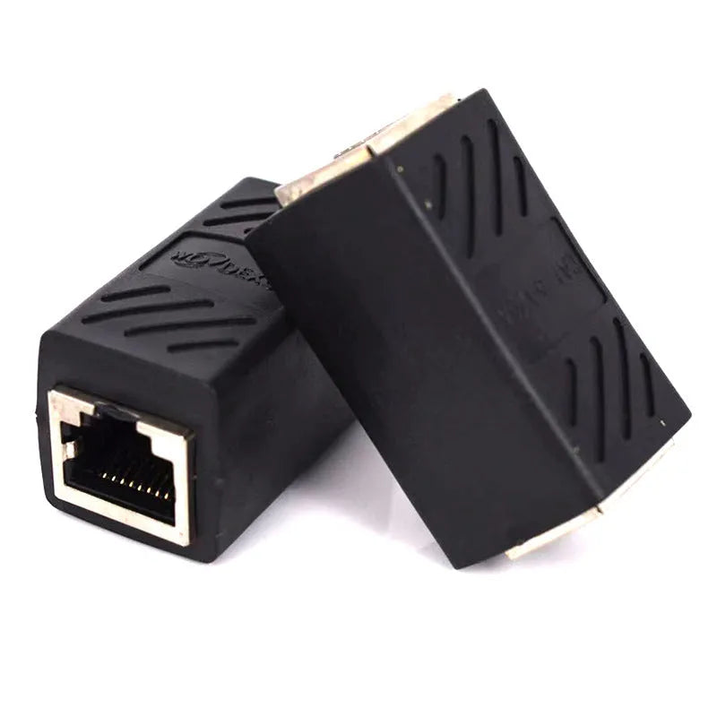 Black RJ45 butt joint extender adapter for joining two network cables