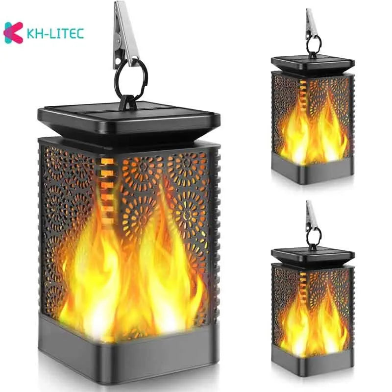 Black solar hanging flame torch light with flickering LED effect for outdoor garden decoration