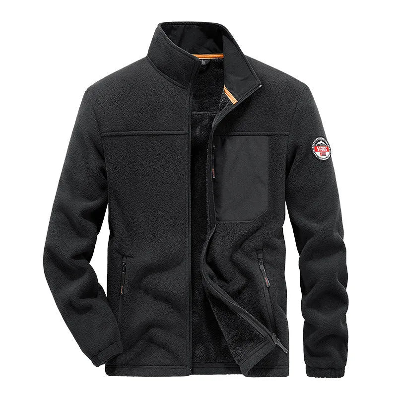 Men's solid colour fleece cardigan jacket with zipper pockets shown in grey.
