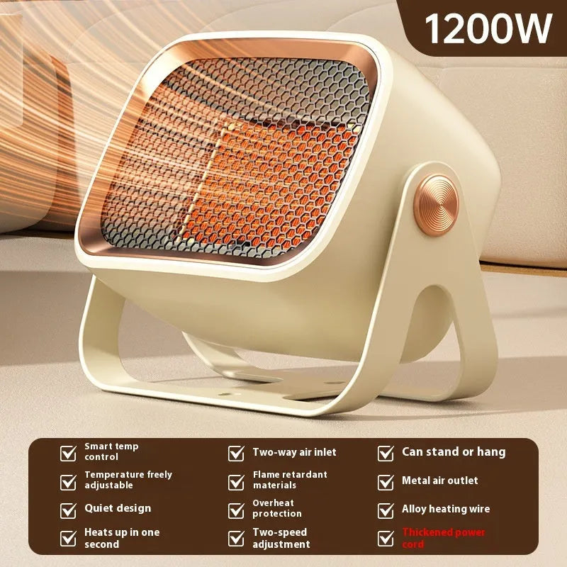 White desktop ceramic heater with rotatable base and push-button controls on wooden surface