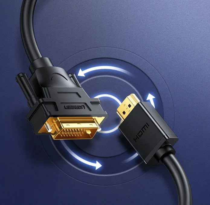 Green packaged HDMI cable adapter for laptop to external display connection, showing connector with two-way rotation feature.