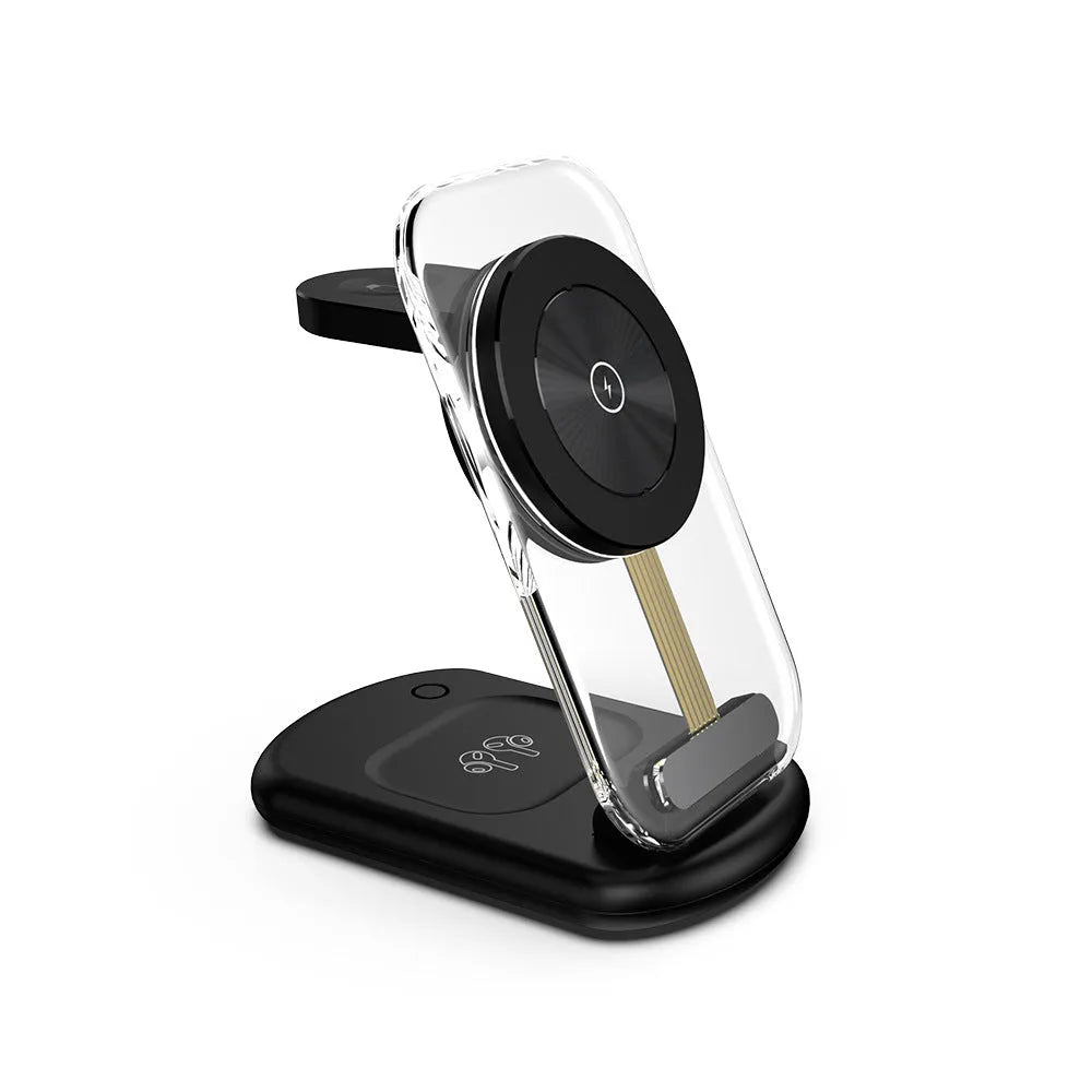 Transparent foldable magnetic wireless charger showing internal components with QC3.0 fast charging