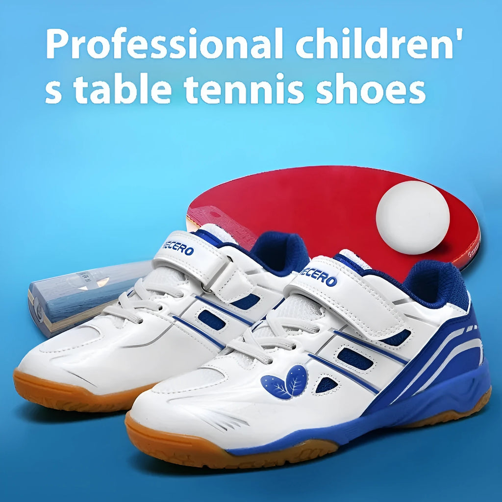 White and blue casual badminton shoes with low-top PVC upper and ribbed non-slip sole