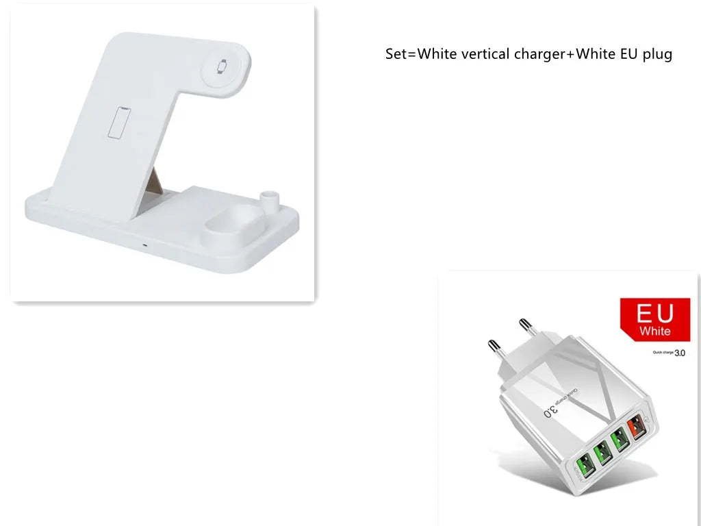 4-in-1 wireless charging station showing phone, Apple Watch, AirPods and Apple Pencil charging simultaneously on adjustable stand