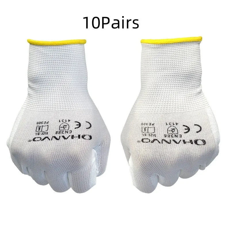 White PU coated work gloves showing flexible construction and polyurethane coating surface detail