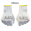 White PU coated work gloves showing flexible construction and polyurethane coating surface detail