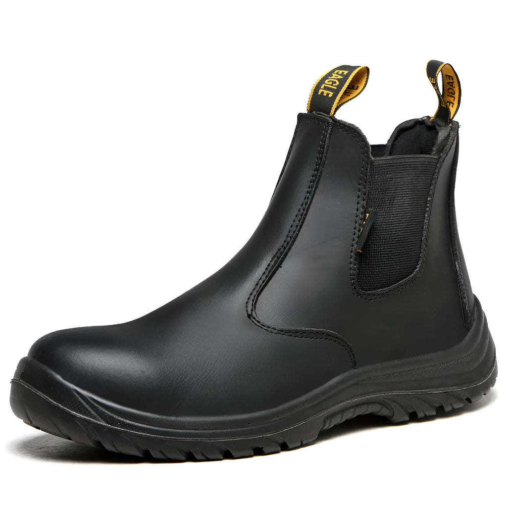 Black high-top leather safety work boots with anti-piercing sole on a work floor.