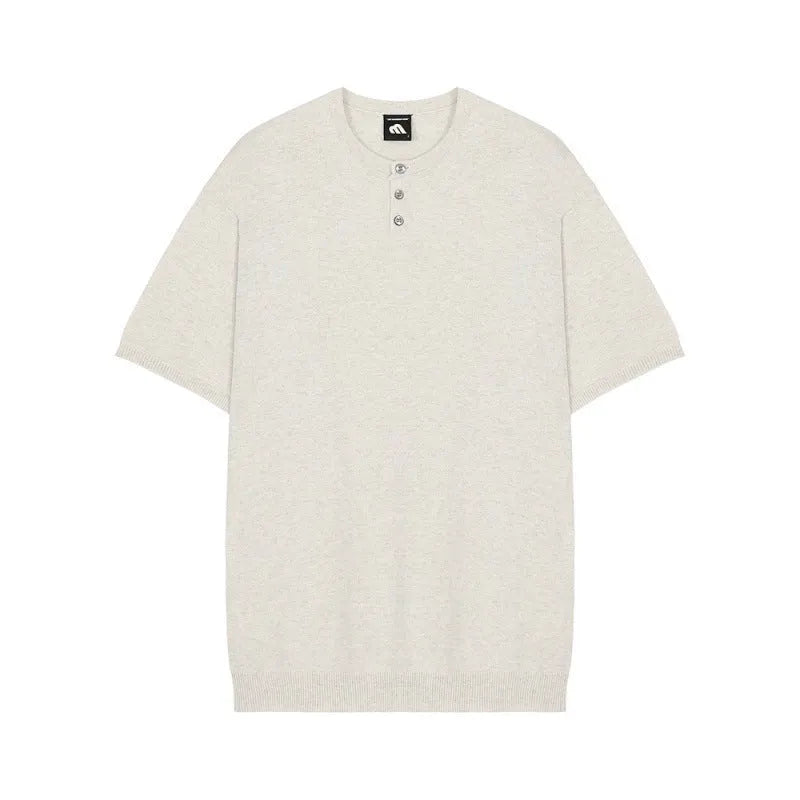 Men's black ice silk knitted pullover shirt with short sleeves and slim-fit design