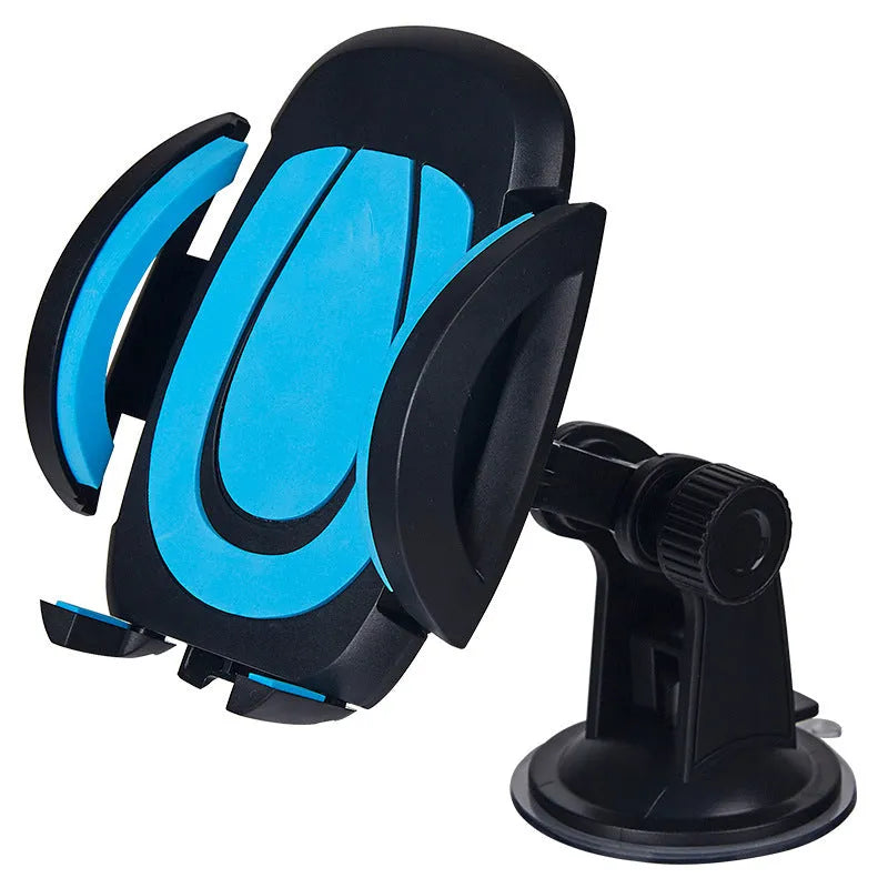 Red ABS suction cup U-shaped mobile phone bracket mounted on car dashboard holding smartphone