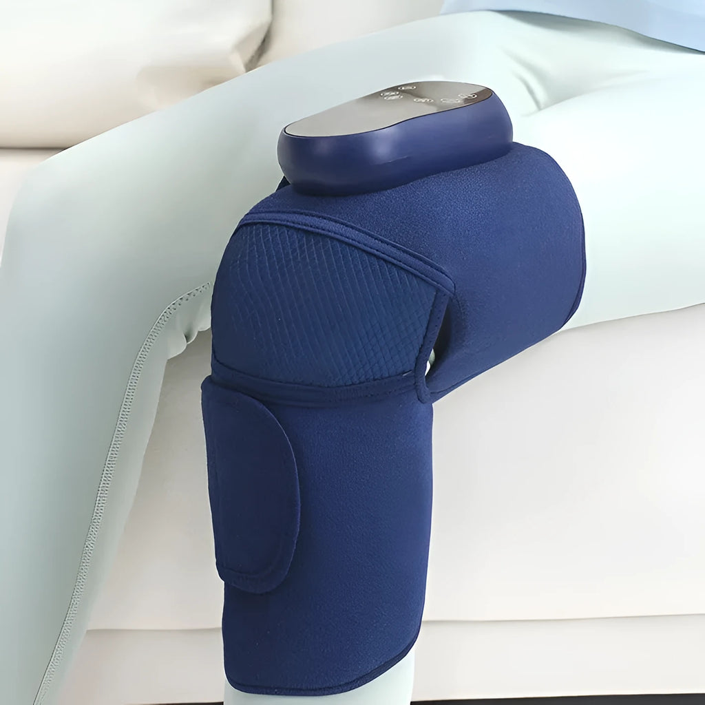 Airbag Blue self-heating knee massager with vibration and air pressure compression functions.