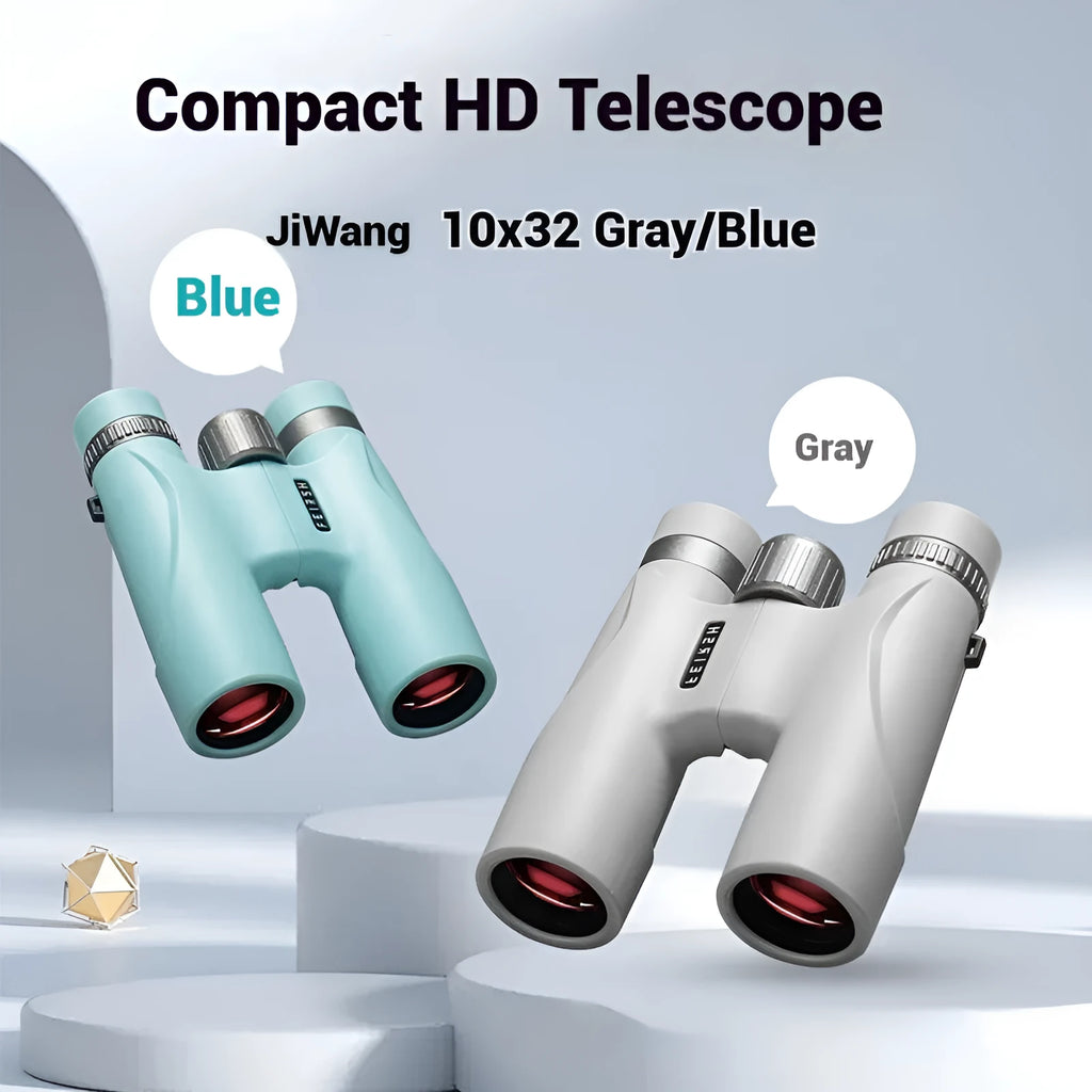 Blue or grey coloured 10x32 plastic binoculars with 32mm objective lenses.