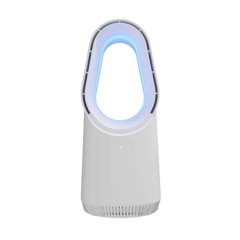 White SK bladeless floor tower fan with remote control on wooden floor.