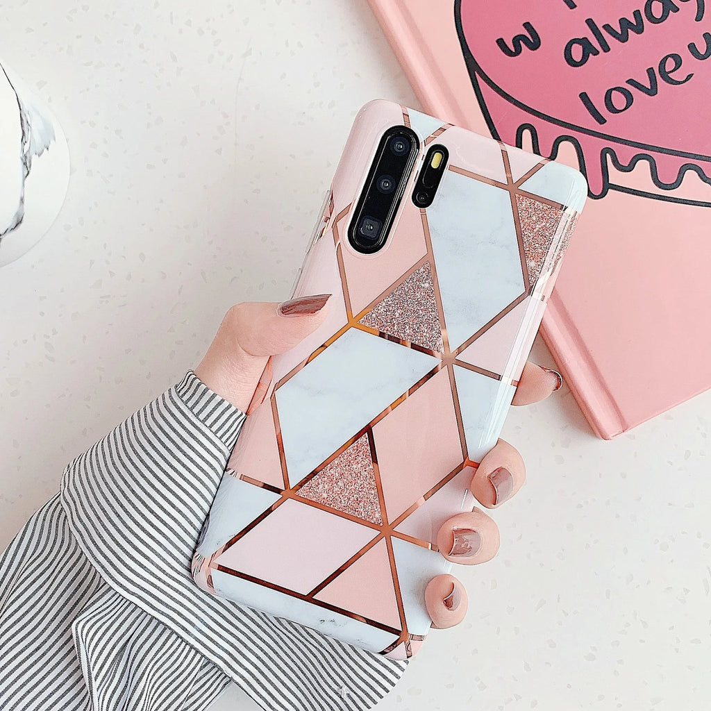 Electroplated marble pattern TPU back cover case for Huawei and Samsung mobile phones.