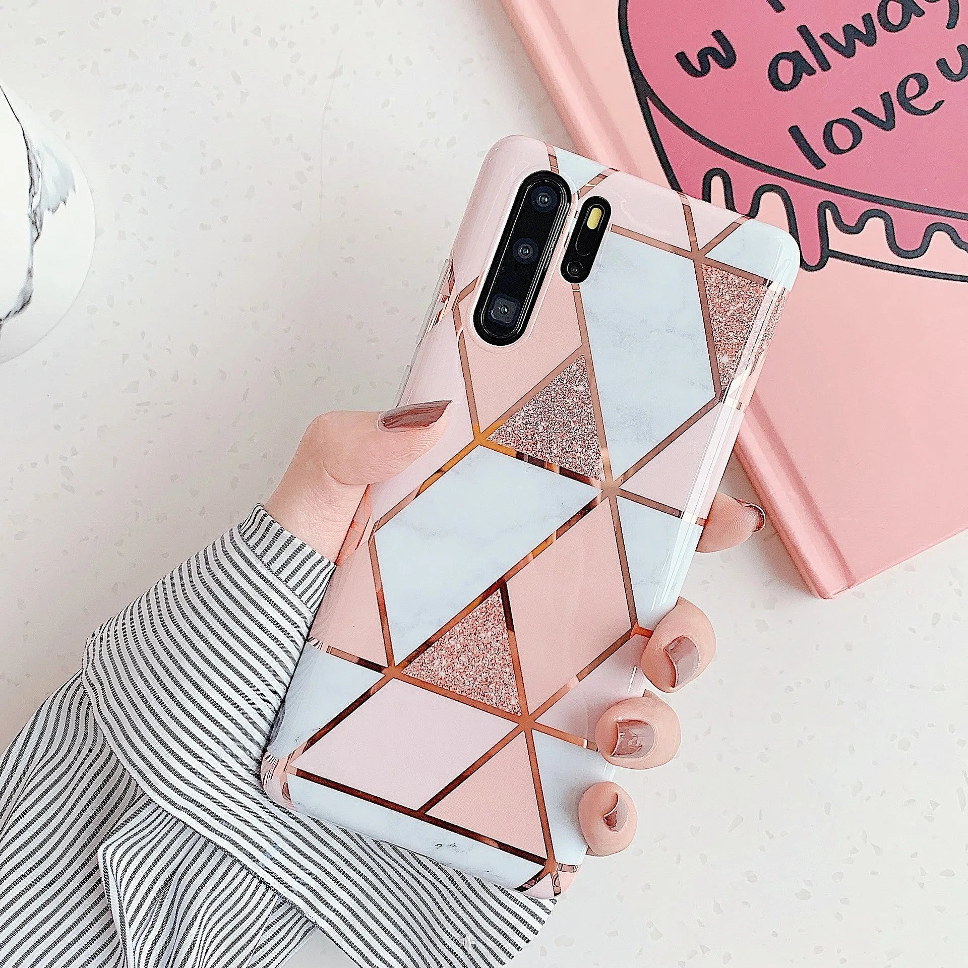 Electroplated marble pattern TPU back cover case for Huawei and Samsung mobile phones.