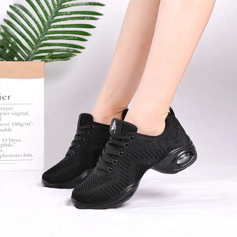 Women's flyknit mesh dance shoes with breathable upper and soft PU sole in various colour options