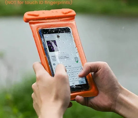 Orange waterproof phone pouch with double airbag design and a black neck rope.