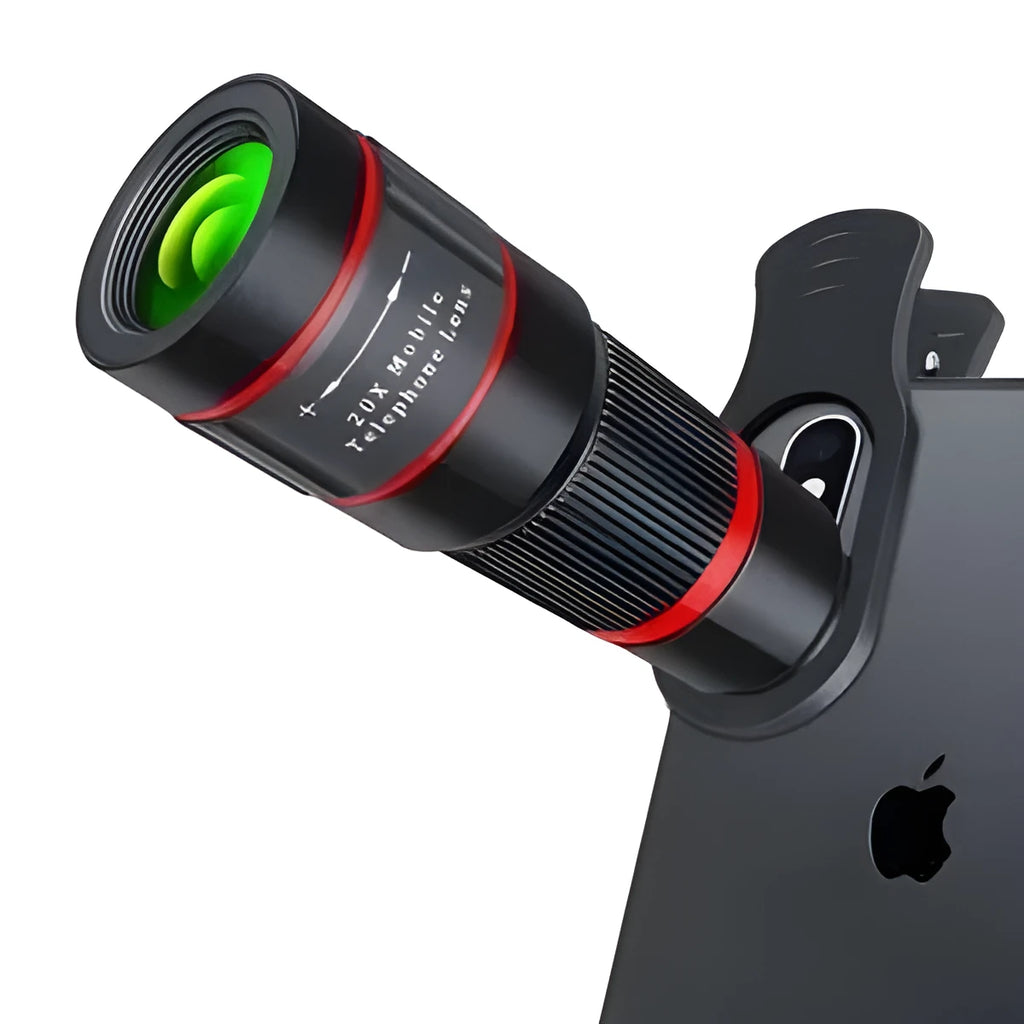 20x magnification smartphone telescope lens with universal mounting clip and single eye mask on a table.