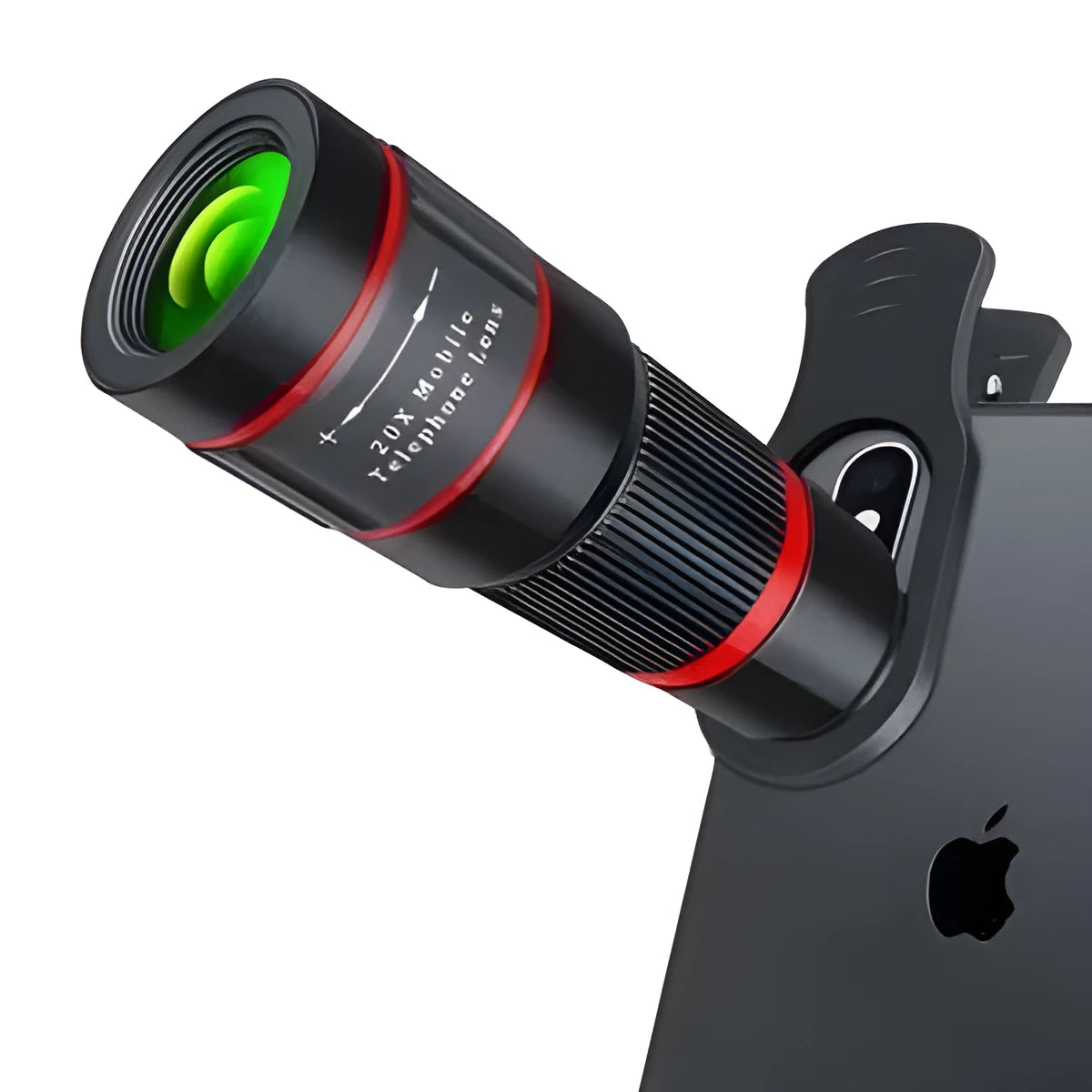 20x magnification smartphone telescope lens with universal mounting clip and single eye mask on a table.
