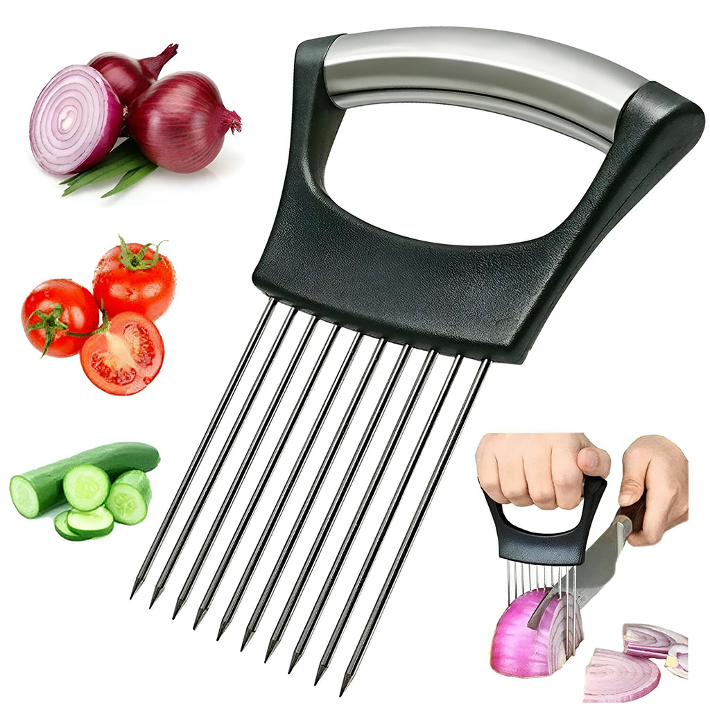 Stainless steel and ABS food slice assistant for onions and tomatoes on a kitchen worktop.